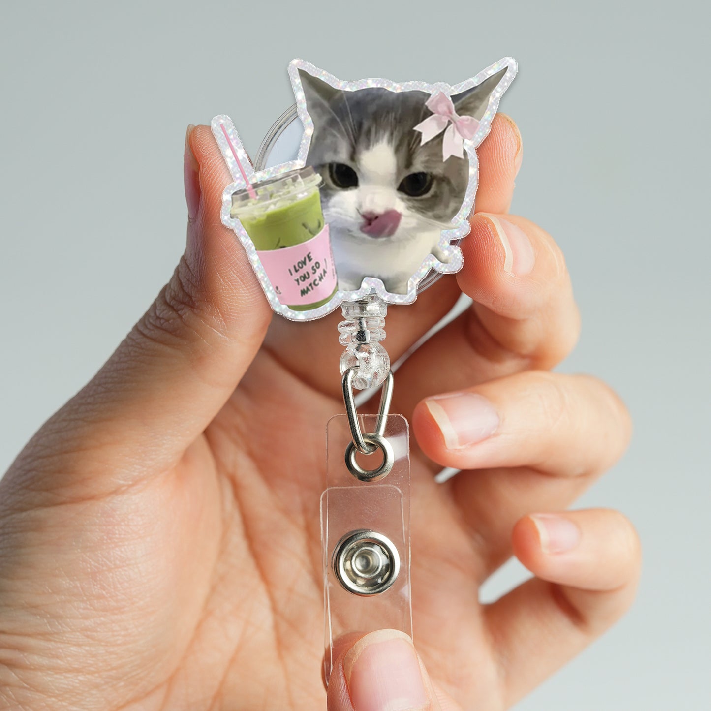 Cute Matcha Cat Badge Reel, Funny Cat Badge Holder, Kawaii Kitty ID Badge Reel, Acrylic Retractable Badge, Nurse CNA Gift