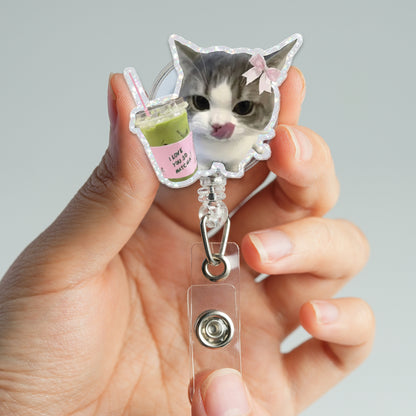 Cute Matcha Cat Badge Reel, Funny Cat Badge Holder, Kawaii Kitty ID Badge Reel, Acrylic Retractable Badge, Nurse CNA Gift