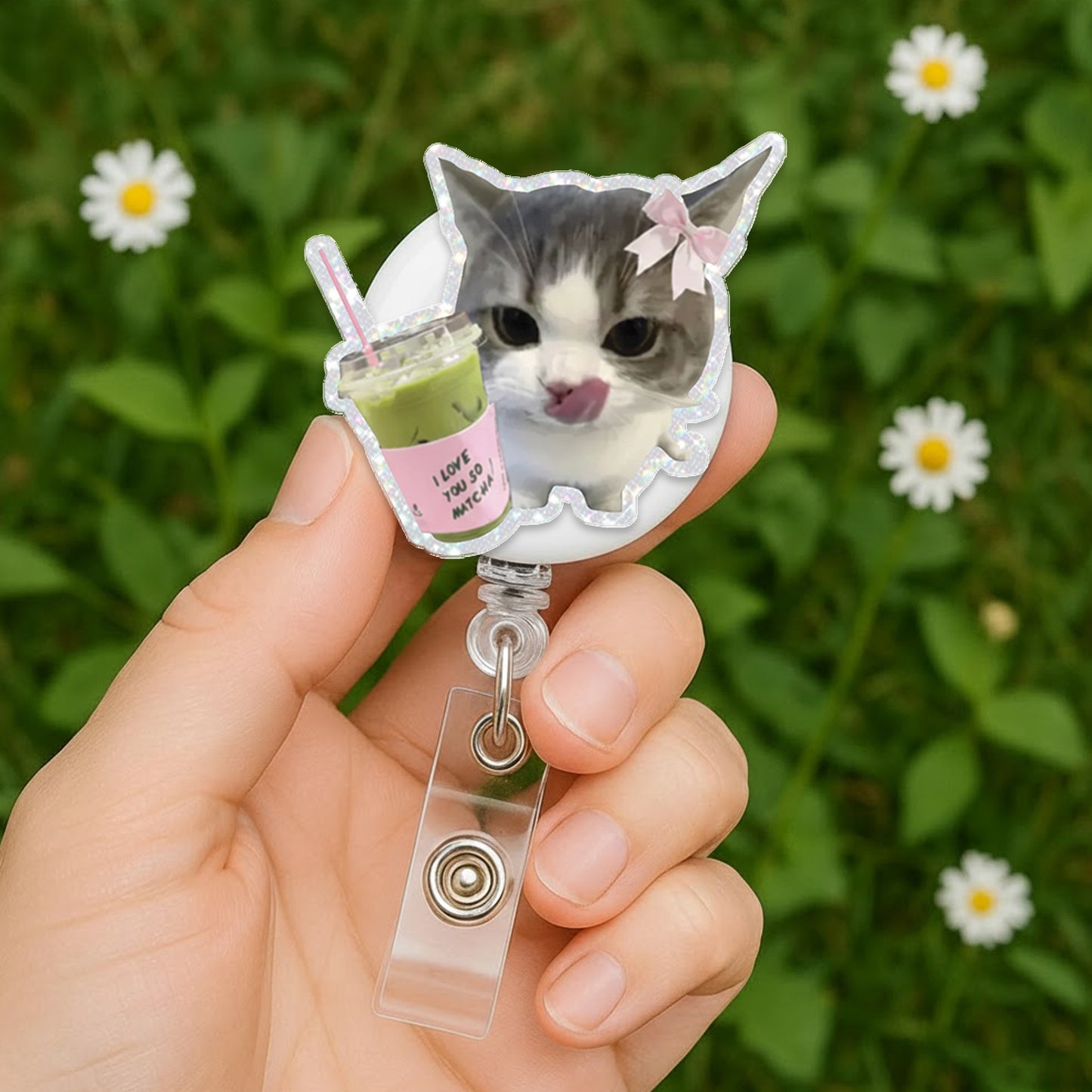 Cute Matcha Cat Badge Reel, Funny Cat Badge Holder, Kawaii Kitty ID Badge Reel, Acrylic Retractable Badge, Nurse CNA Gift