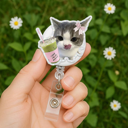 Cute Matcha Cat Badge Reel, Funny Cat Badge Holder, Kawaii Kitty ID Badge Reel, Acrylic Retractable Badge, Nurse CNA Gift