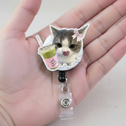 Cute Matcha Cat Badge Reel, Funny Cat Badge Holder, Kawaii Kitty ID Badge Reel, Acrylic Retractable Badge, Nurse CNA Gift