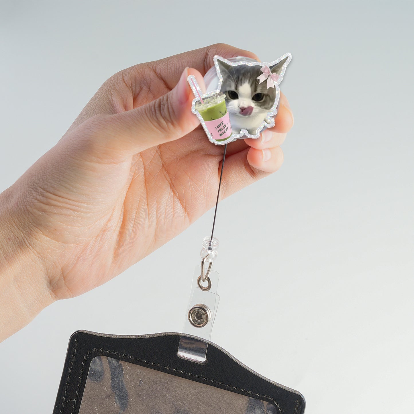 Cute Matcha Cat Badge Reel, Funny Cat Badge Holder, Kawaii Kitty ID Badge Reel, Acrylic Retractable Badge, Nurse CNA Gift