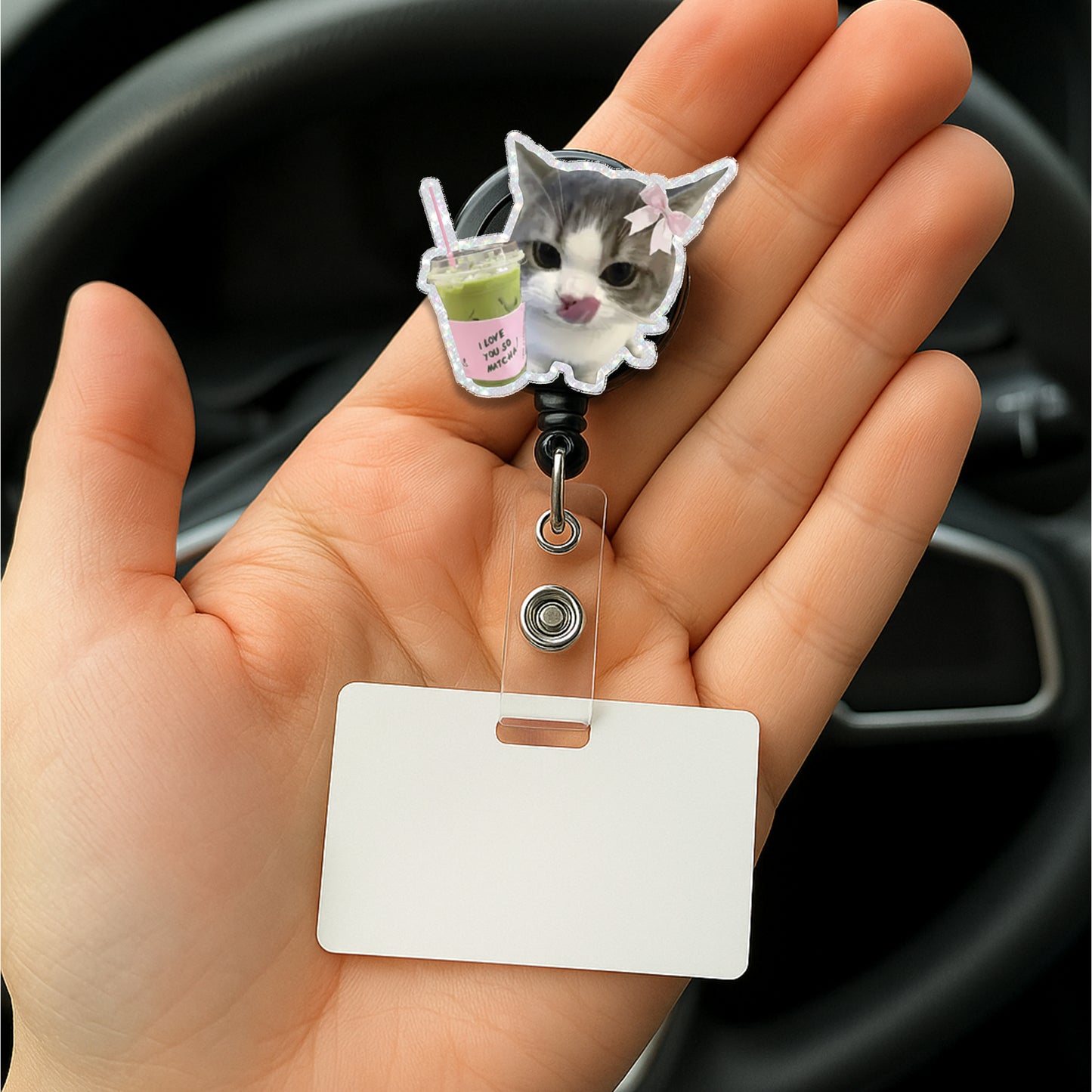 Cute Matcha Cat Badge Reel, Funny Cat Badge Holder, Kawaii Kitty ID Badge Reel, Acrylic Retractable Badge, Nurse CNA Gift