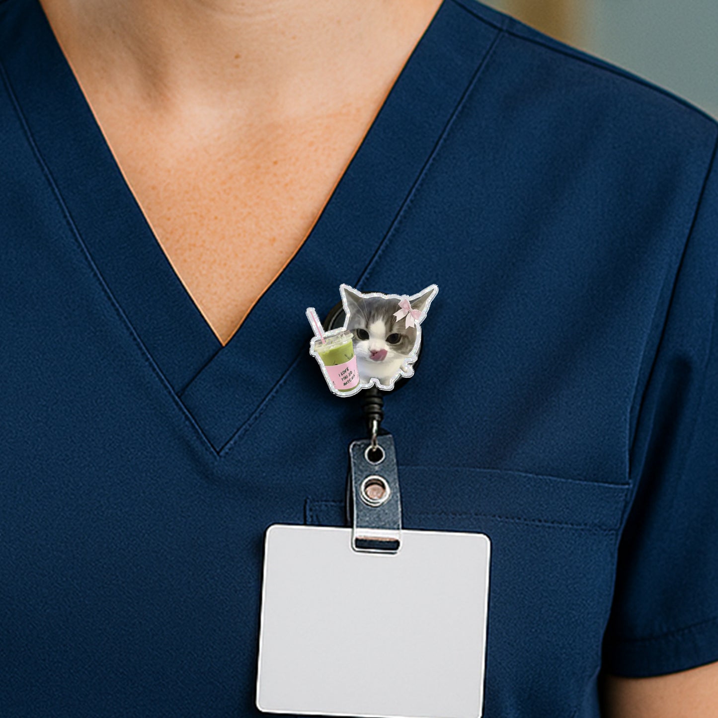 Cute Matcha Cat Badge Reel, Funny Cat Badge Holder, Kawaii Kitty ID Badge Reel, Acrylic Retractable Badge, Nurse CNA Gift