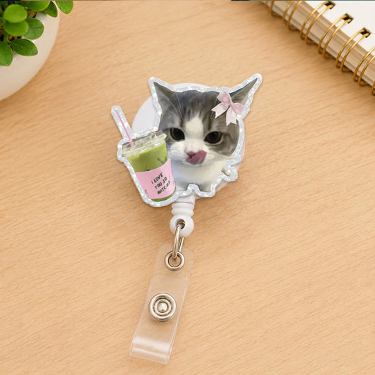 Cute Matcha Cat Badge Reel, Funny Cat Badge Holder, Kawaii Kitty ID Badge Reel, Acrylic Retractable Badge, Nurse CNA Gift