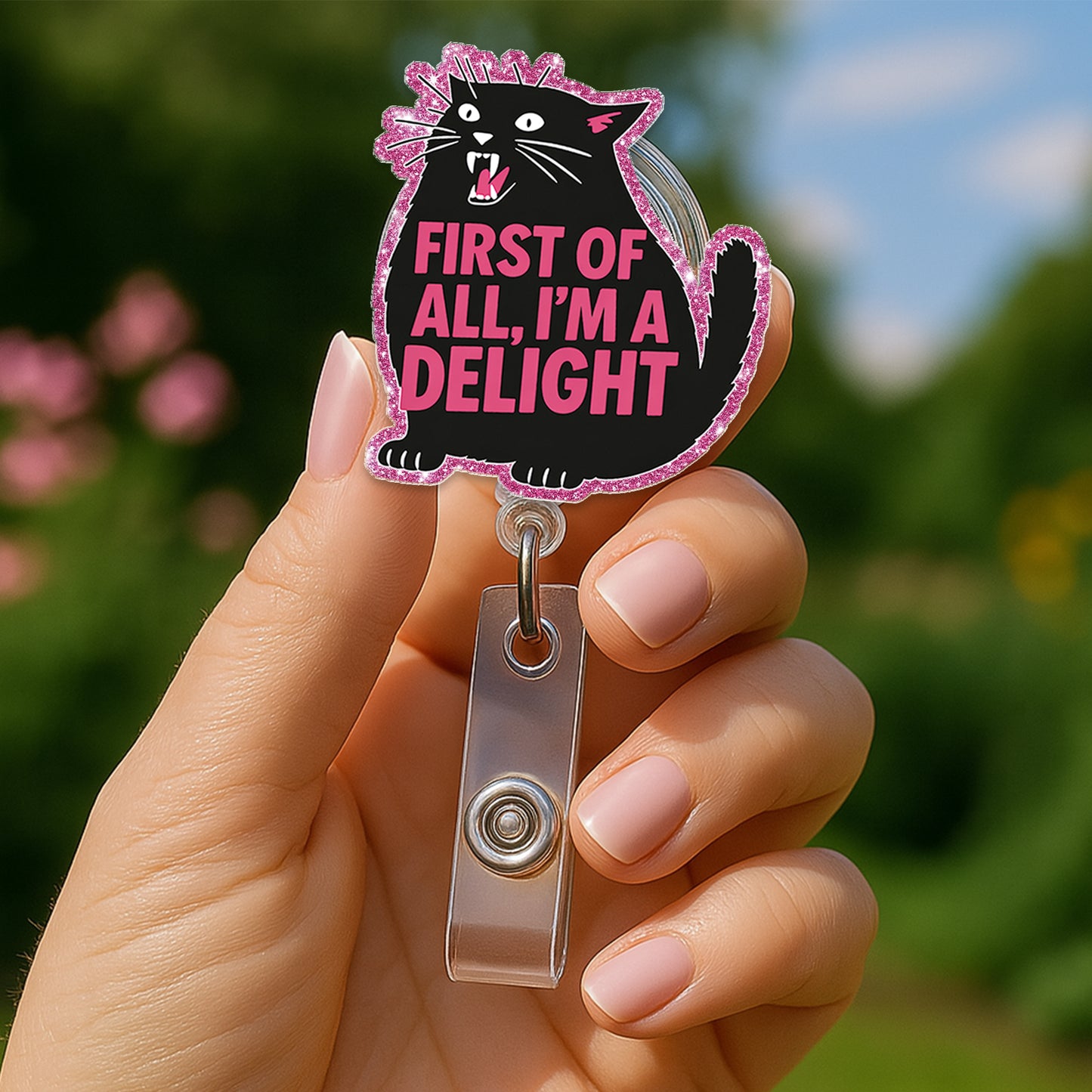 First Of All I'm A Delight Black Cat Badge Reel, Funny Cat Acrylic Badge Reel, Retractable ID Holder, Nurse Gift