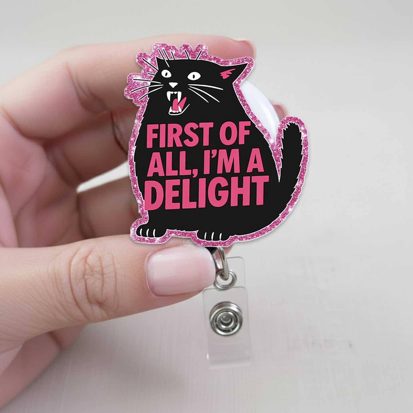 First Of All I'm A Delight Black Cat Badge Reel, Funny Cat Acrylic Badge Reel, Retractable ID Holder, Nurse Gift