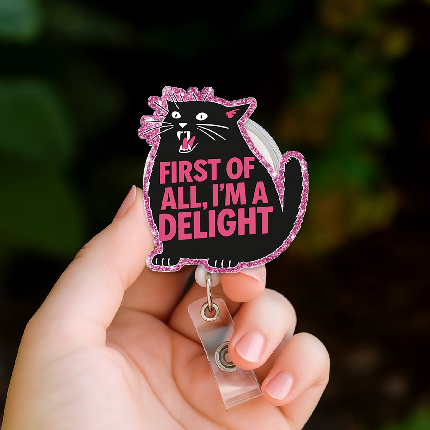 First Of All I'm A Delight Black Cat Badge Reel, Funny Cat Acrylic Badge Reel, Retractable ID Holder, Nurse Gift