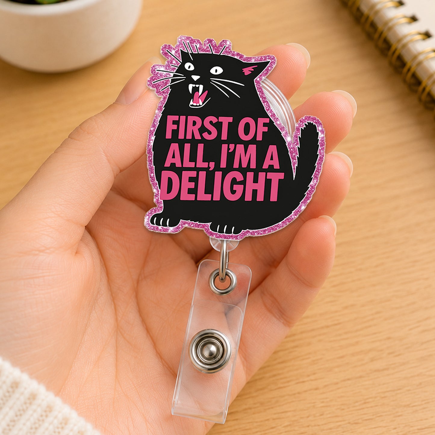 First Of All I'm A Delight Black Cat Badge Reel, Funny Cat Acrylic Badge Reel, Retractable ID Holder, Nurse Gift