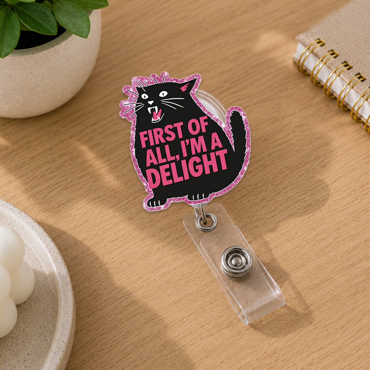 First Of All I'm A Delight Black Cat Badge Reel, Funny Cat Acrylic Badge Reel, Retractable ID Holder, Nurse Gift