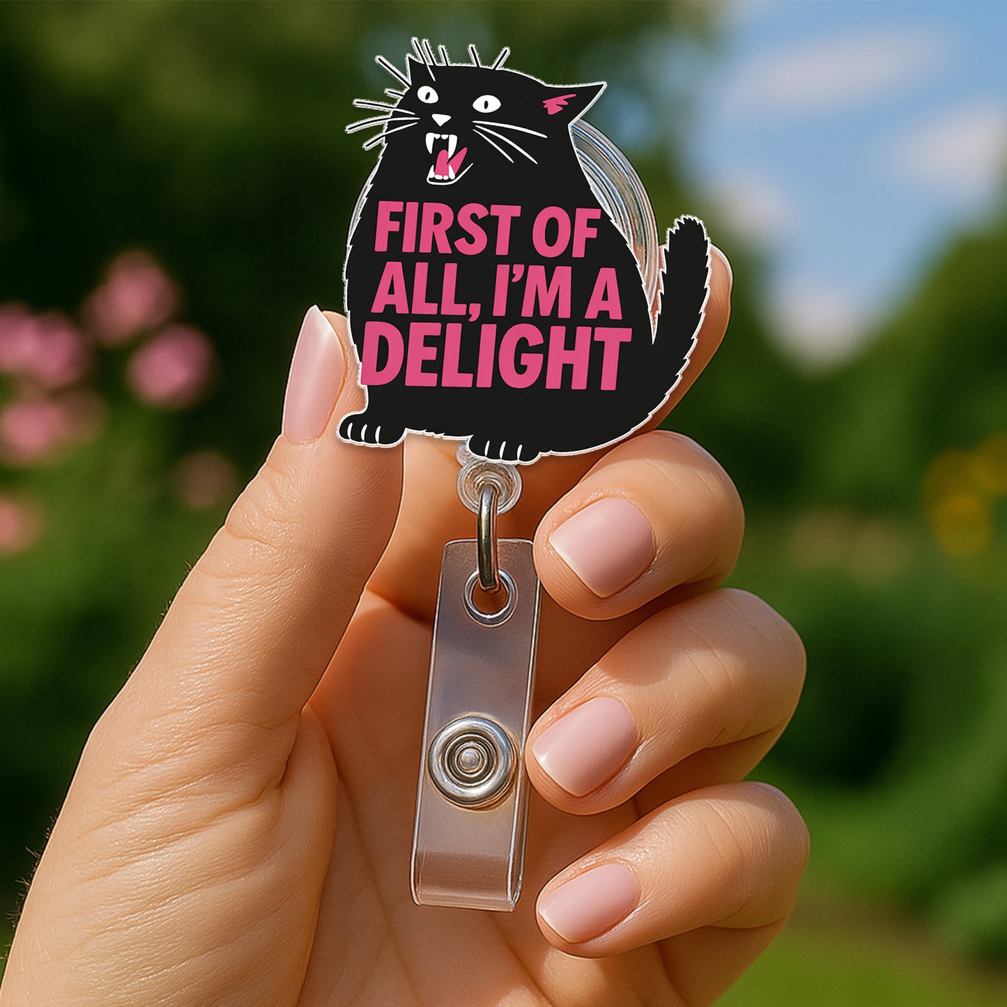 First Of All I'm A Delight Black Cat Badge Reel, Funny Cat Acrylic Badge Reel, Retractable ID Holder, Nurse Gift