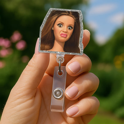 Funny Disgusted Doll Badge Reel, Meme Badge Reel, Glitter Acrylic Retractable ID Holder, Office Humor Nurse Gift