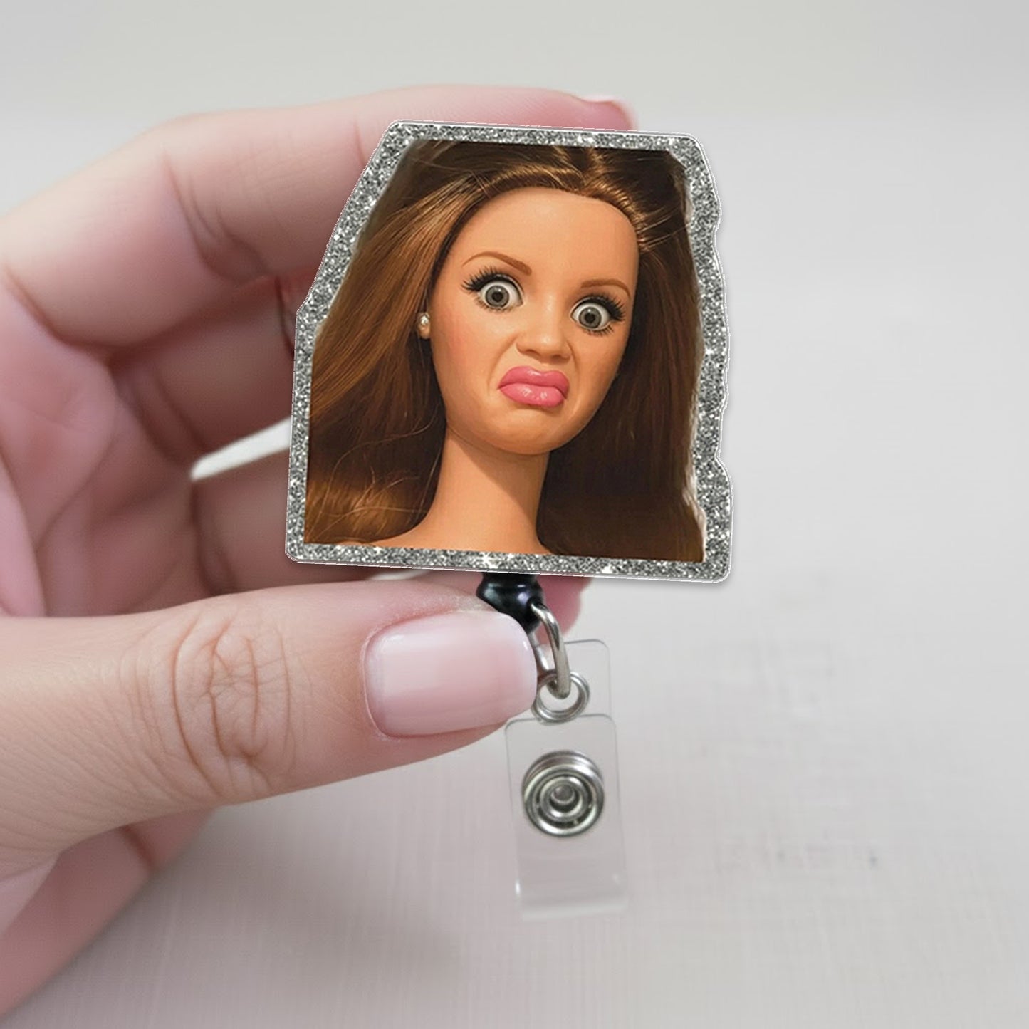 Funny Disgusted Doll Badge Reel, Meme Badge Reel, Glitter Acrylic Retractable ID Holder, Office Humor Nurse Gift