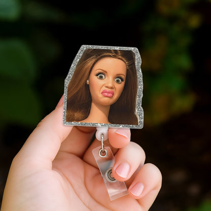 Funny Disgusted Doll Badge Reel, Meme Badge Reel, Glitter Acrylic Retractable ID Holder, Office Humor Nurse Gift
