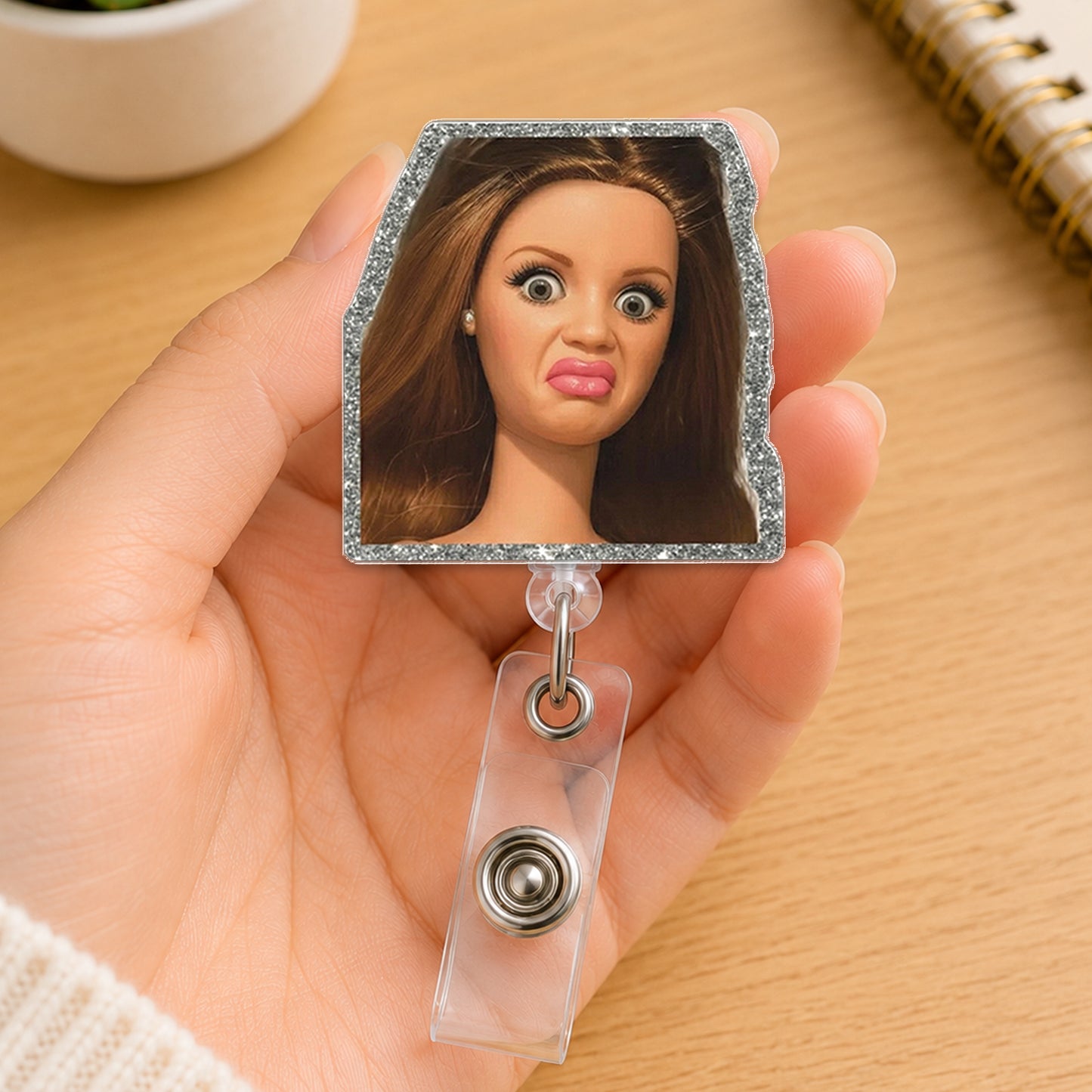 Funny Disgusted Doll Badge Reel, Meme Badge Reel, Glitter Acrylic Retractable ID Holder, Office Humor Nurse Gift