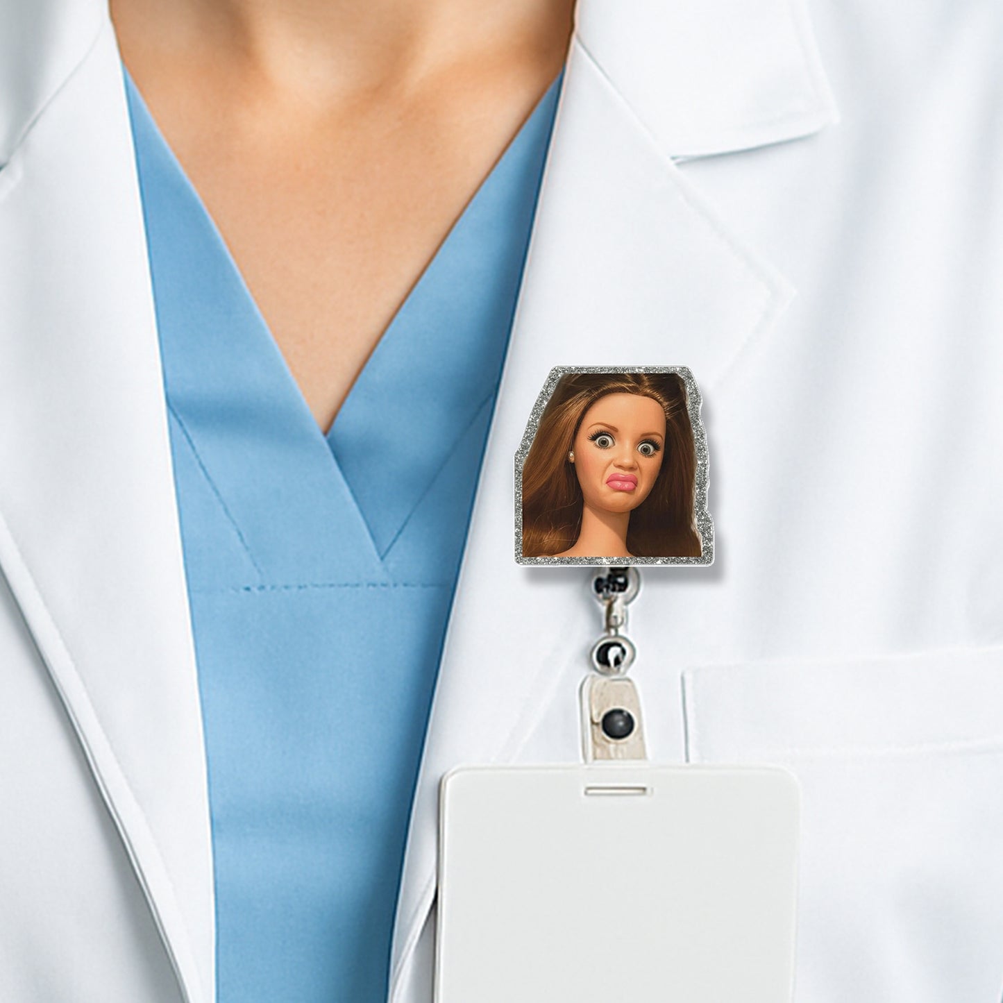 Funny Disgusted Doll Badge Reel, Meme Badge Reel, Glitter Acrylic Retractable ID Holder, Office Humor Nurse Gift