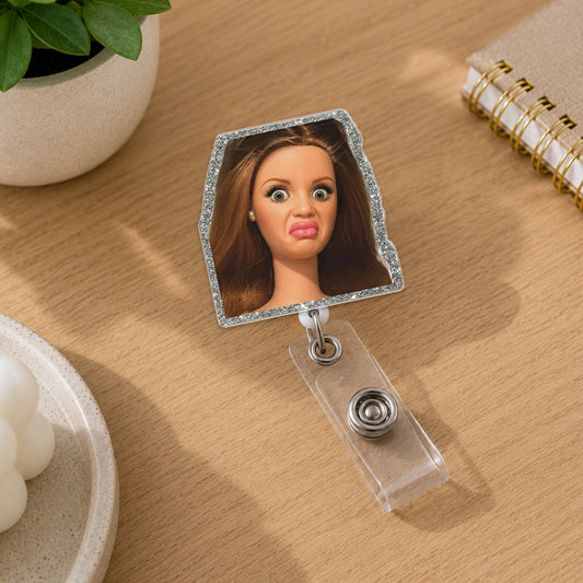 Funny Disgusted Doll Badge Reel, Meme Badge Reel, Glitter Acrylic Retractable ID Holder, Office Humor Nurse Gift