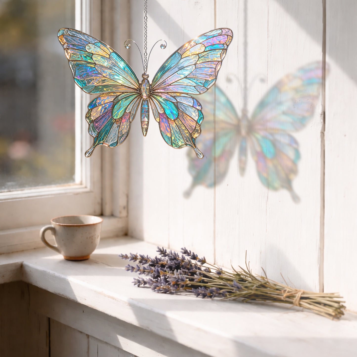 Iridescent Butterfly Stained Glass Suncatcher, Colorful Window Hanging, Aesthetic Sun Catcher, Garden Decor, Gift For Mom Grandma
