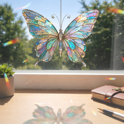 Iridescent Butterfly Stained Glass Suncatcher, Colorful Window Hanging, Aesthetic Sun Catcher, Garden Decor, Gift For Mom Grandma