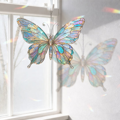 Iridescent Butterfly Stained Glass Suncatcher, Colorful Window Hanging, Aesthetic Sun Catcher, Garden Decor, Gift For Mom Grandma