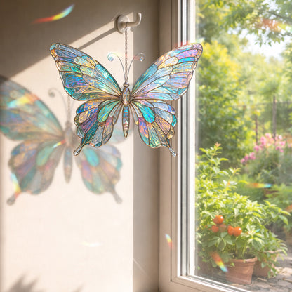Iridescent Butterfly Stained Glass Suncatcher, Colorful Window Hanging, Aesthetic Sun Catcher, Garden Decor, Gift For Mom Grandma