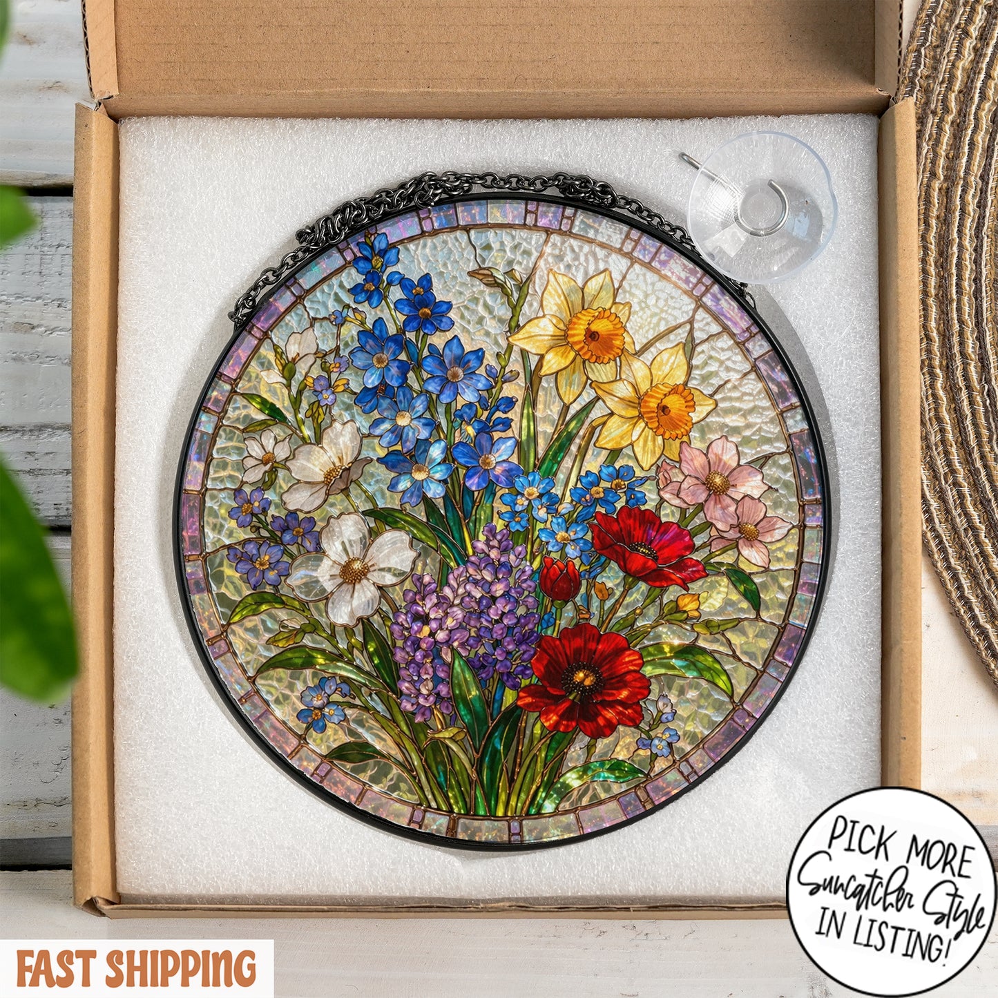 Personalized Birth Flower Stained Glass Suncatcher with 3D Raised Detail, Family Bouquet Window Hanging, Mothers Day Gift for Mom or Grandma