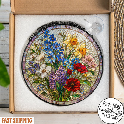 Personalized Birth Flower Stained Glass Suncatcher with 3D Raised Detail, Family Bouquet Window Hanging, Mothers Day Gift for Mom or Grandma