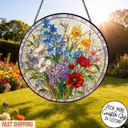 Personalized Birth Flower Stained Glass Suncatcher with 3D Raised Detail, Family Bouquet Window Hanging, Mothers Day Gift for Mom or Grandma