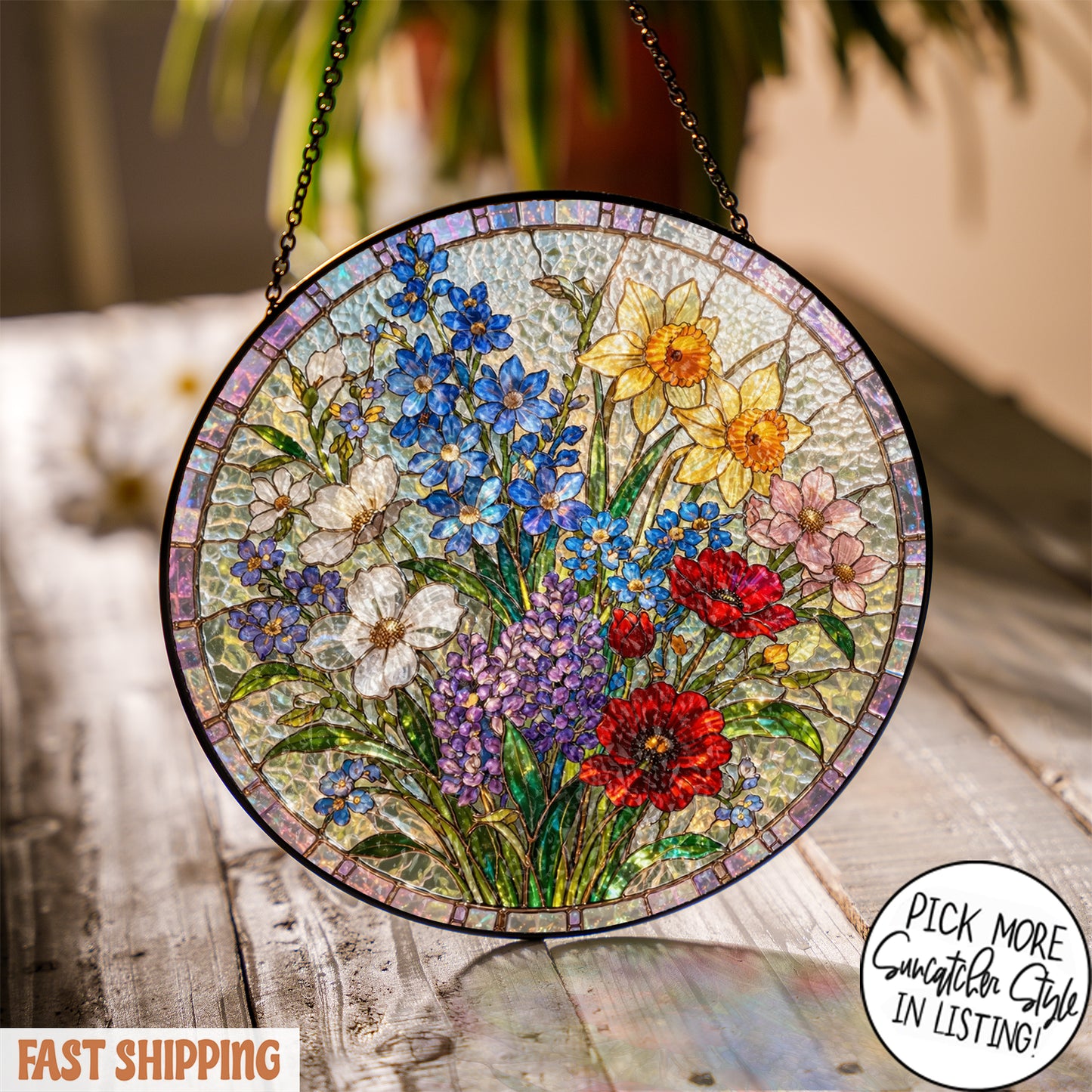Personalized Birth Flower Stained Glass Suncatcher with 3D Raised Detail, Family Bouquet Window Hanging, Mothers Day Gift for Mom or Grandma