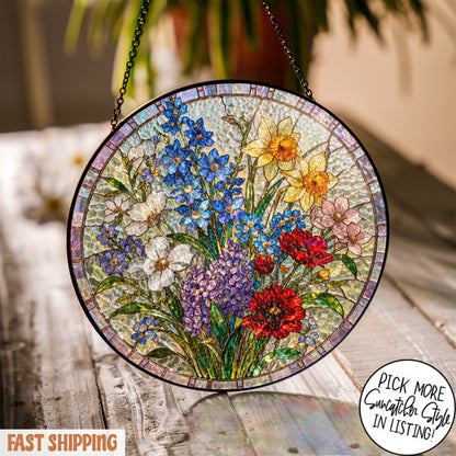 Personalized Birth Flower Stained Glass Suncatcher with 3D Raised Detail, Family Bouquet Window Hanging, Mothers Day Gift for Mom or Grandma