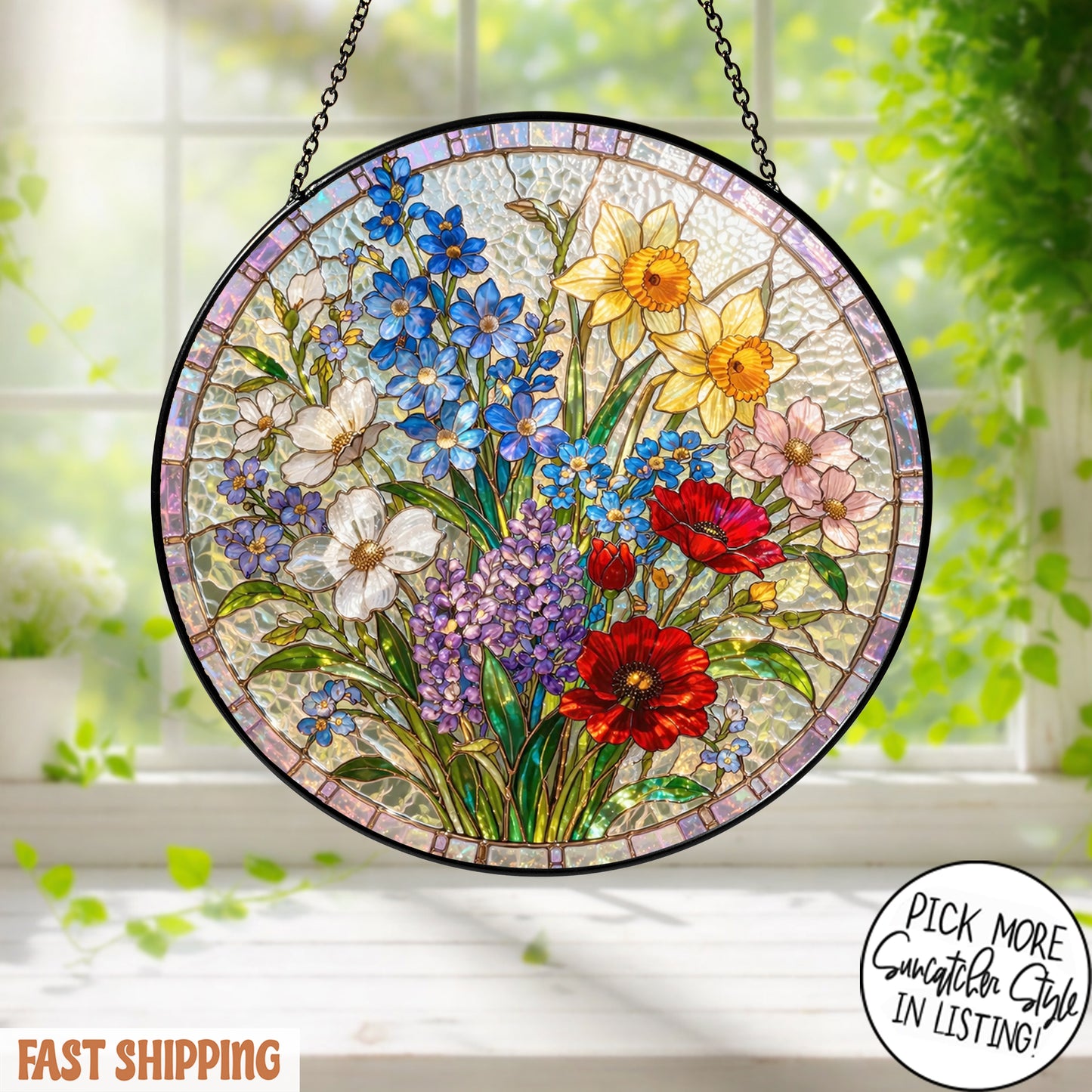 Personalized Birth Flower Stained Glass Suncatcher with 3D Raised Detail, Family Bouquet Window Hanging, Mothers Day Gift for Mom or Grandma