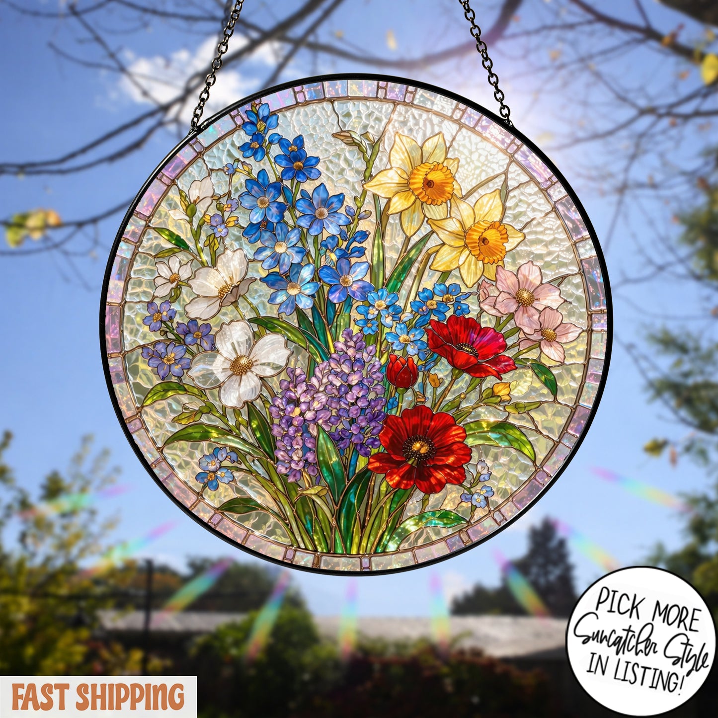 Personalized Birth Flower Stained Glass Suncatcher with 3D Raised Detail, Family Bouquet Window Hanging, Mothers Day Gift for Mom or Grandma