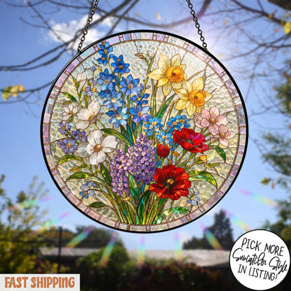 Personalized Birth Flower Stained Glass Suncatcher with 3D Raised Detail, Family Bouquet Window Hanging, Mothers Day Gift for Mom or Grandma