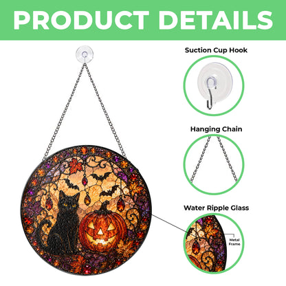Black Cat Pumpkin Moon Stained Glass Suncatcher, Gothic Crescent Moon Decor, Spooky Cat Lover Home Decor, Halloween Gift