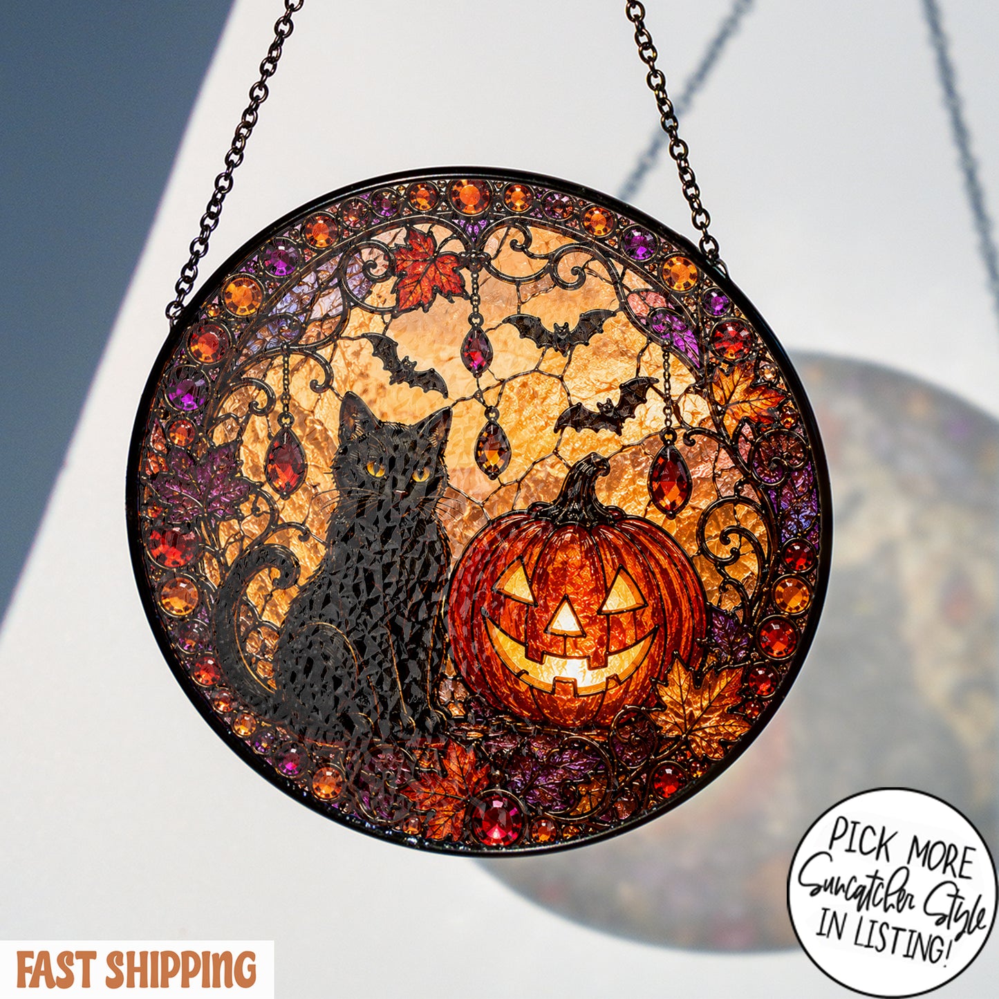 Black Cat Pumpkin Moon Stained Glass Suncatcher, Gothic Crescent Moon Decor, Spooky Cat Lover Home Decor, Halloween Gift