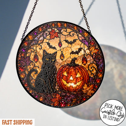 Black Cat Pumpkin Moon Stained Glass Suncatcher, Gothic Crescent Moon Decor, Spooky Cat Lover Home Decor, Halloween Gift