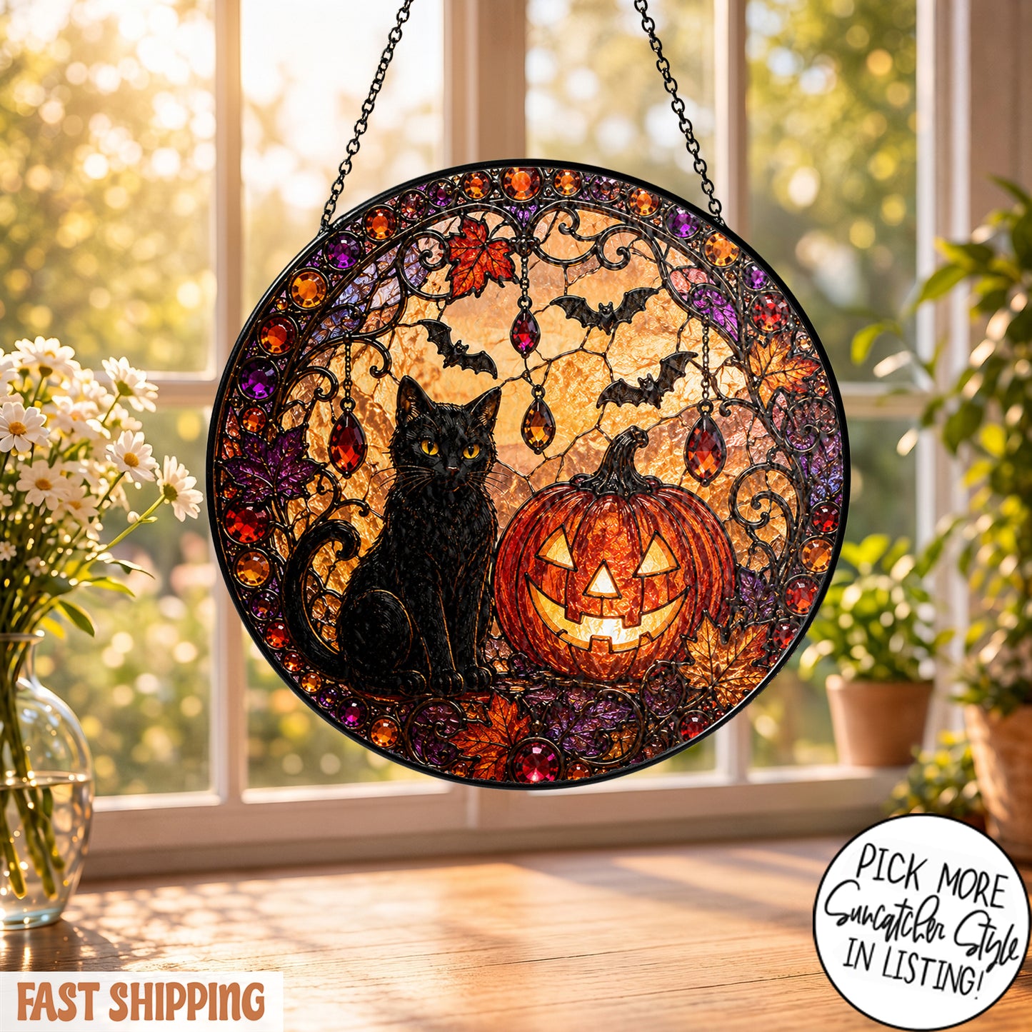 Black Cat Pumpkin Moon Stained Glass Suncatcher, Gothic Crescent Moon Decor, Spooky Cat Lover Home Decor, Halloween Gift