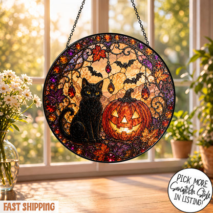 Black Cat Pumpkin Moon Stained Glass Suncatcher, Gothic Crescent Moon Decor, Spooky Cat Lover Home Decor, Halloween Gift