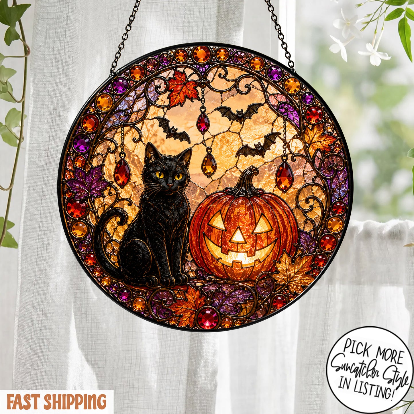 Black Cat Pumpkin Moon Stained Glass Suncatcher, Gothic Crescent Moon Decor, Spooky Cat Lover Home Decor, Halloween Gift