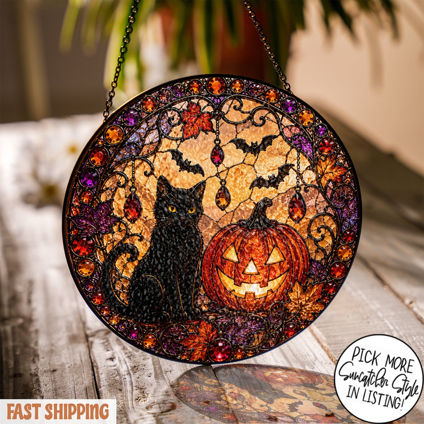 Black Cat Pumpkin Moon Stained Glass Suncatcher, Gothic Crescent Moon Decor, Spooky Cat Lover Home Decor, Halloween Gift