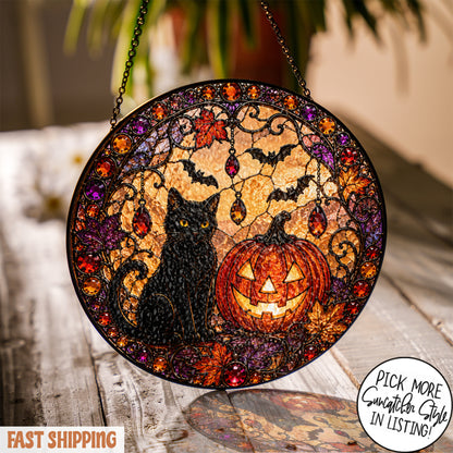 Black Cat Pumpkin Moon Stained Glass Suncatcher, Gothic Crescent Moon Decor, Spooky Cat Lover Home Decor, Halloween Gift