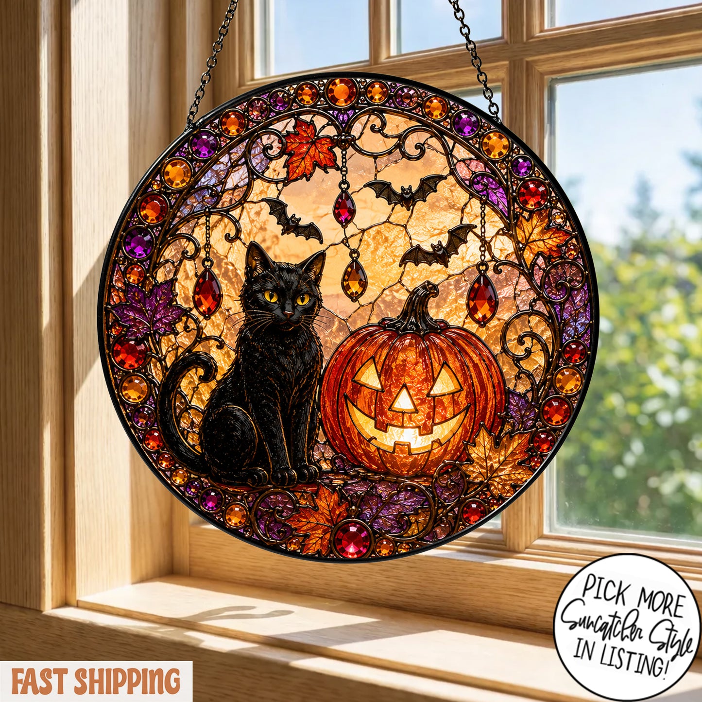 Black Cat Pumpkin Moon Stained Glass Suncatcher, Gothic Crescent Moon Decor, Spooky Cat Lover Home Decor, Halloween Gift
