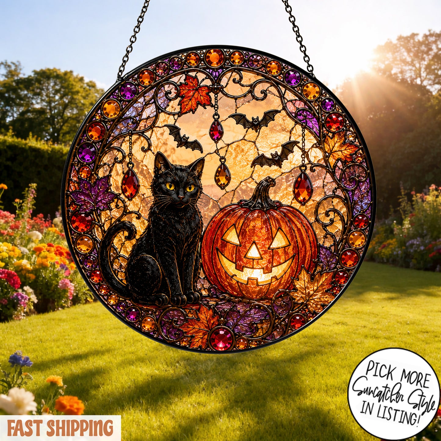 Black Cat Pumpkin Moon Stained Glass Suncatcher, Gothic Crescent Moon Decor, Spooky Cat Lover Home Decor, Halloween Gift