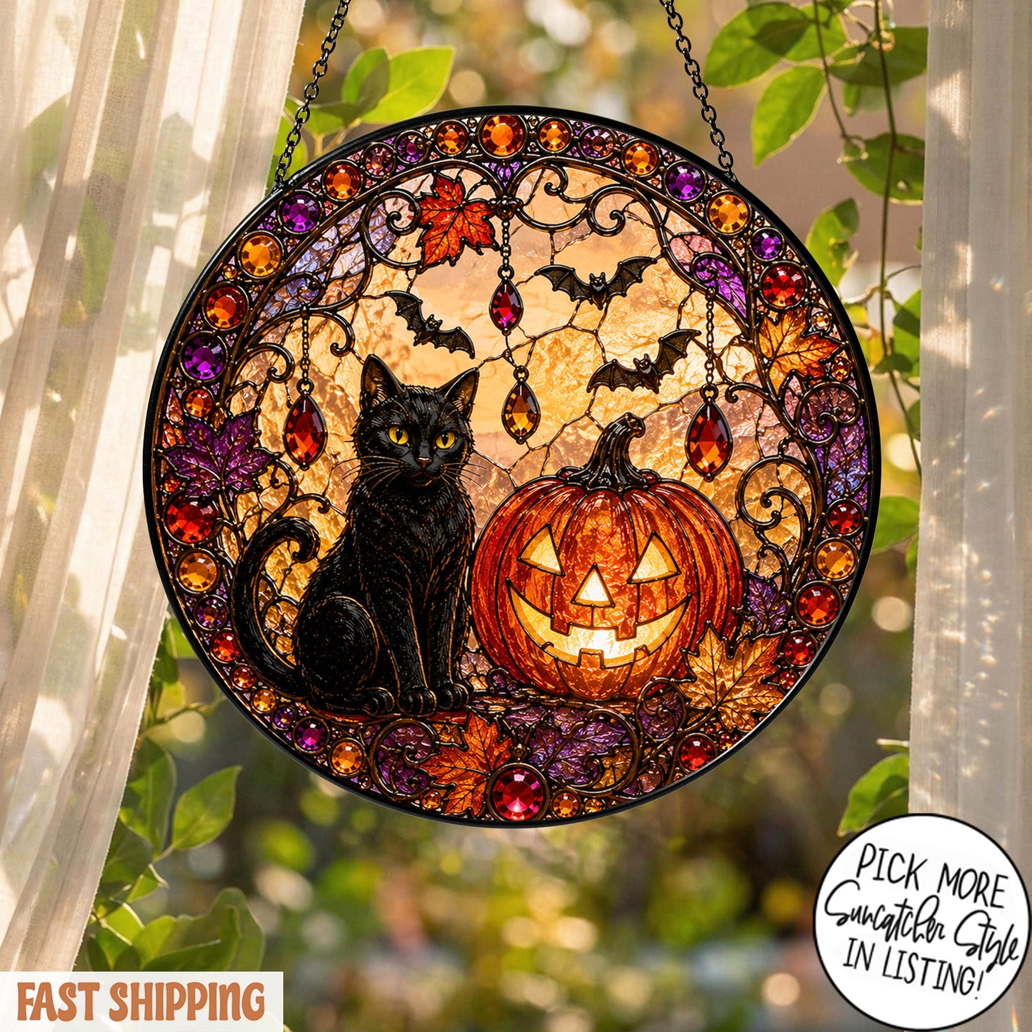 Black Cat Pumpkin Moon Stained Glass Suncatcher, Gothic Crescent Moon Decor, Spooky Cat Lover Home Decor, Halloween Gift