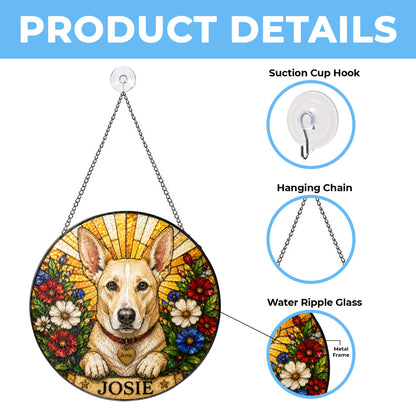 Personalized Dog Suncatcher, Custom Pet Name Stained Glass Window Hanging, Floral Pet Portrait Decor, Dog Lover Gift