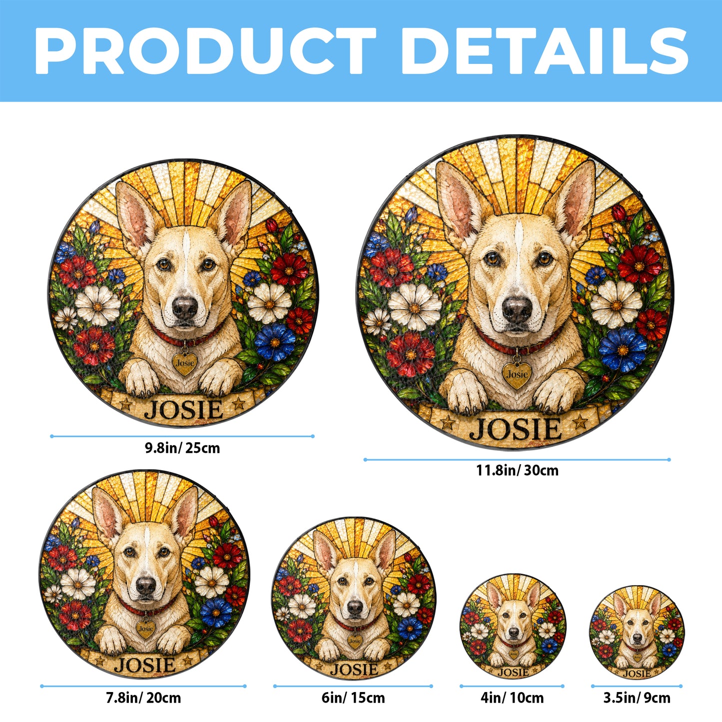 Personalized Dog Suncatcher, Custom Pet Name Stained Glass Window Hanging, Floral Pet Portrait Decor, Dog Lover Gift