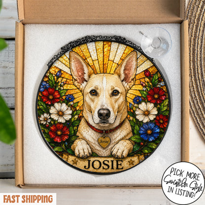 Personalized Dog Suncatcher, Custom Pet Name Stained Glass Window Hanging, Floral Pet Portrait Decor, Dog Lover Gift
