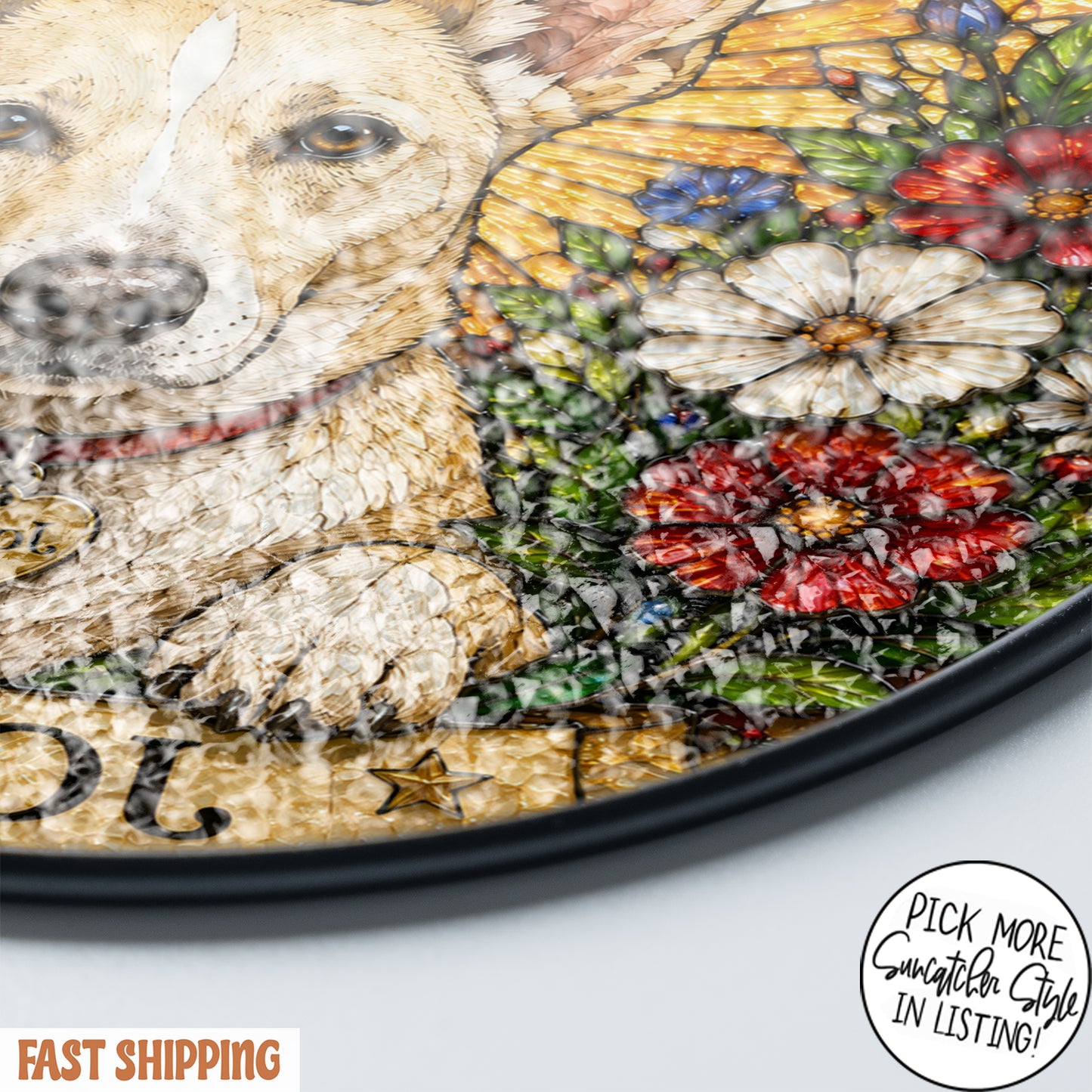 Personalized Dog Suncatcher, Custom Pet Name Stained Glass Window Hanging, Floral Pet Portrait Decor, Dog Lover Gift