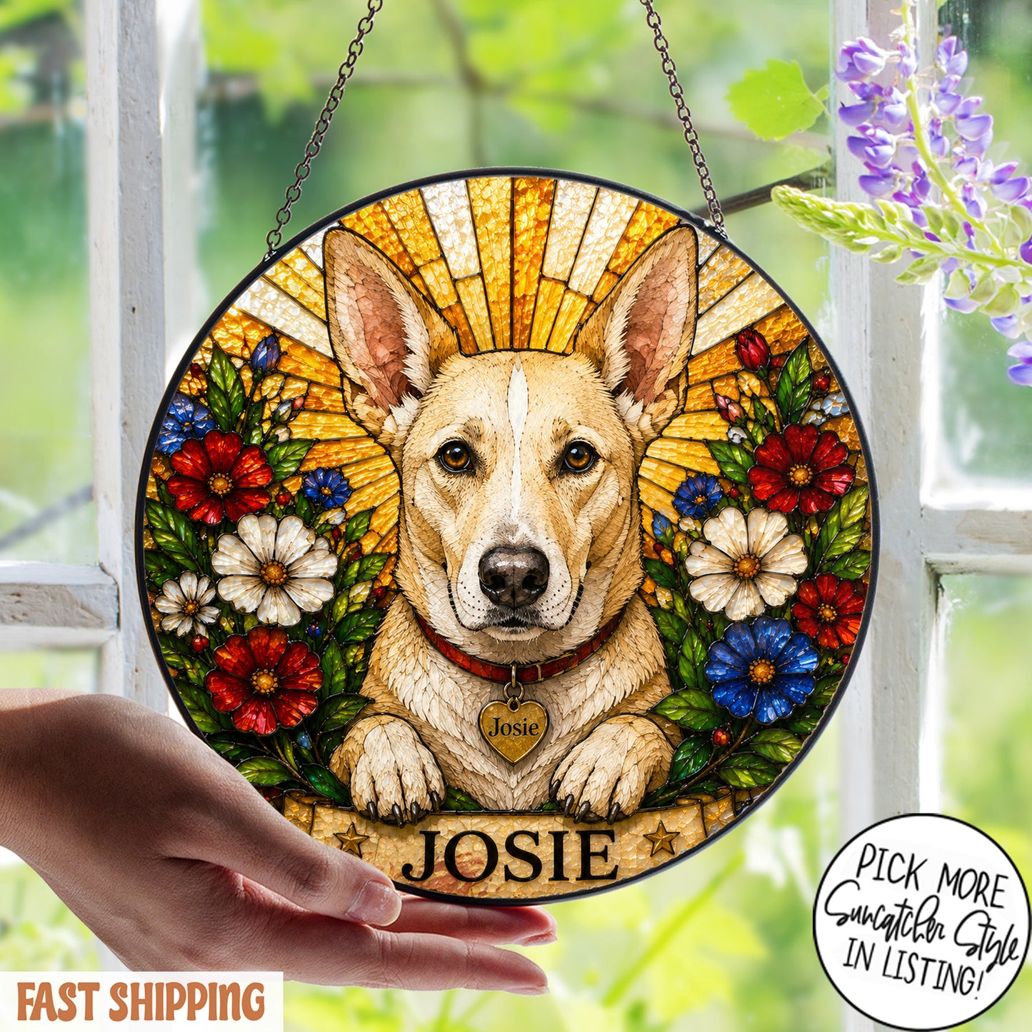 Personalized Dog Suncatcher, Custom Pet Name Stained Glass Window Hanging, Floral Pet Portrait Decor, Dog Lover Gift