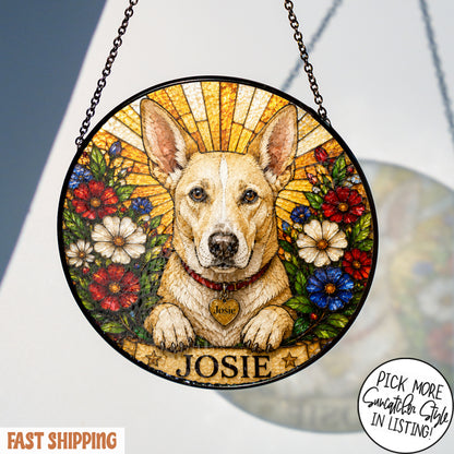 Personalized Dog Suncatcher, Custom Pet Name Stained Glass Window Hanging, Floral Pet Portrait Decor, Dog Lover Gift